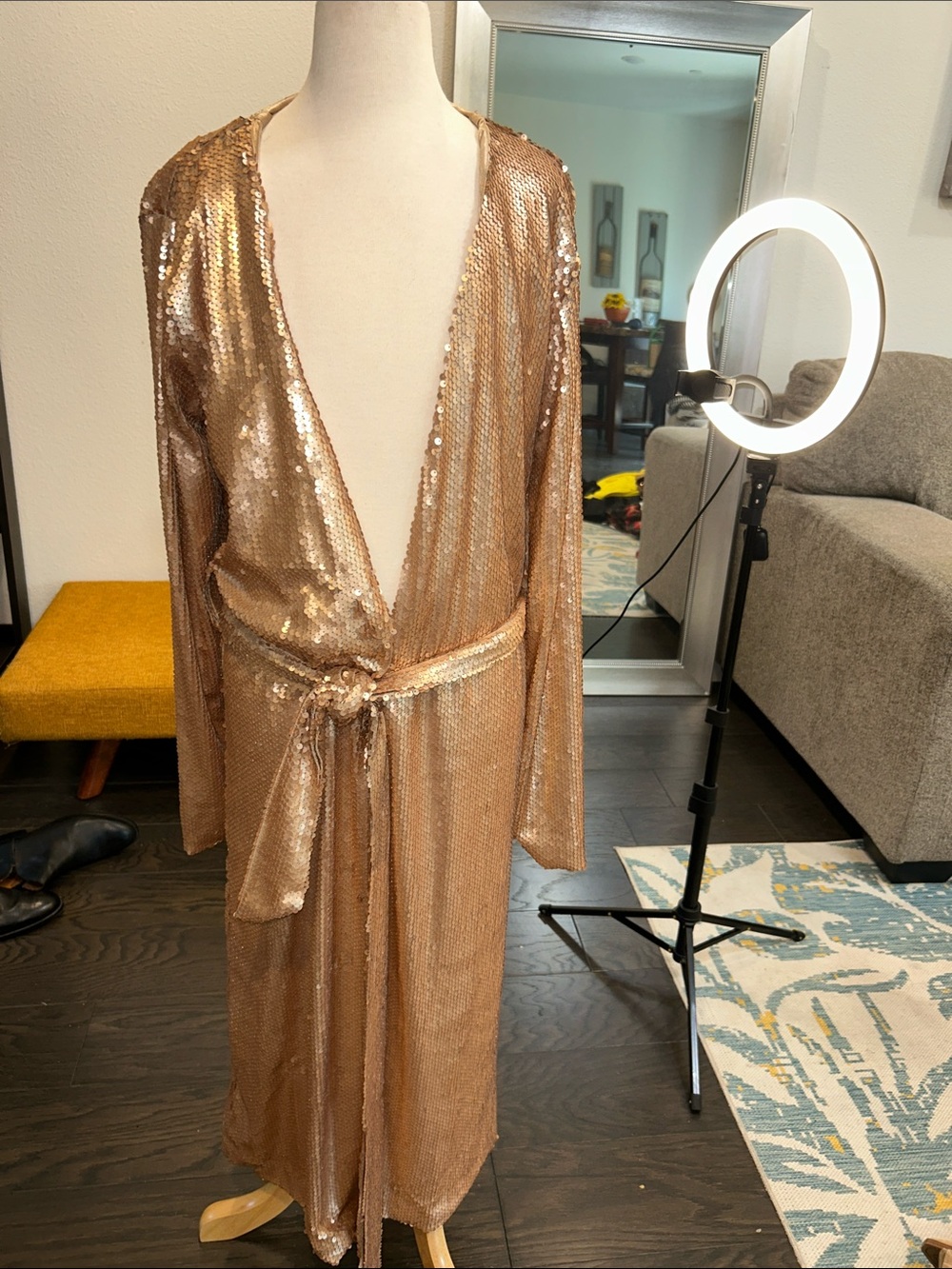 Sequin Tie-Waist Robe/Duster — Rose Gold